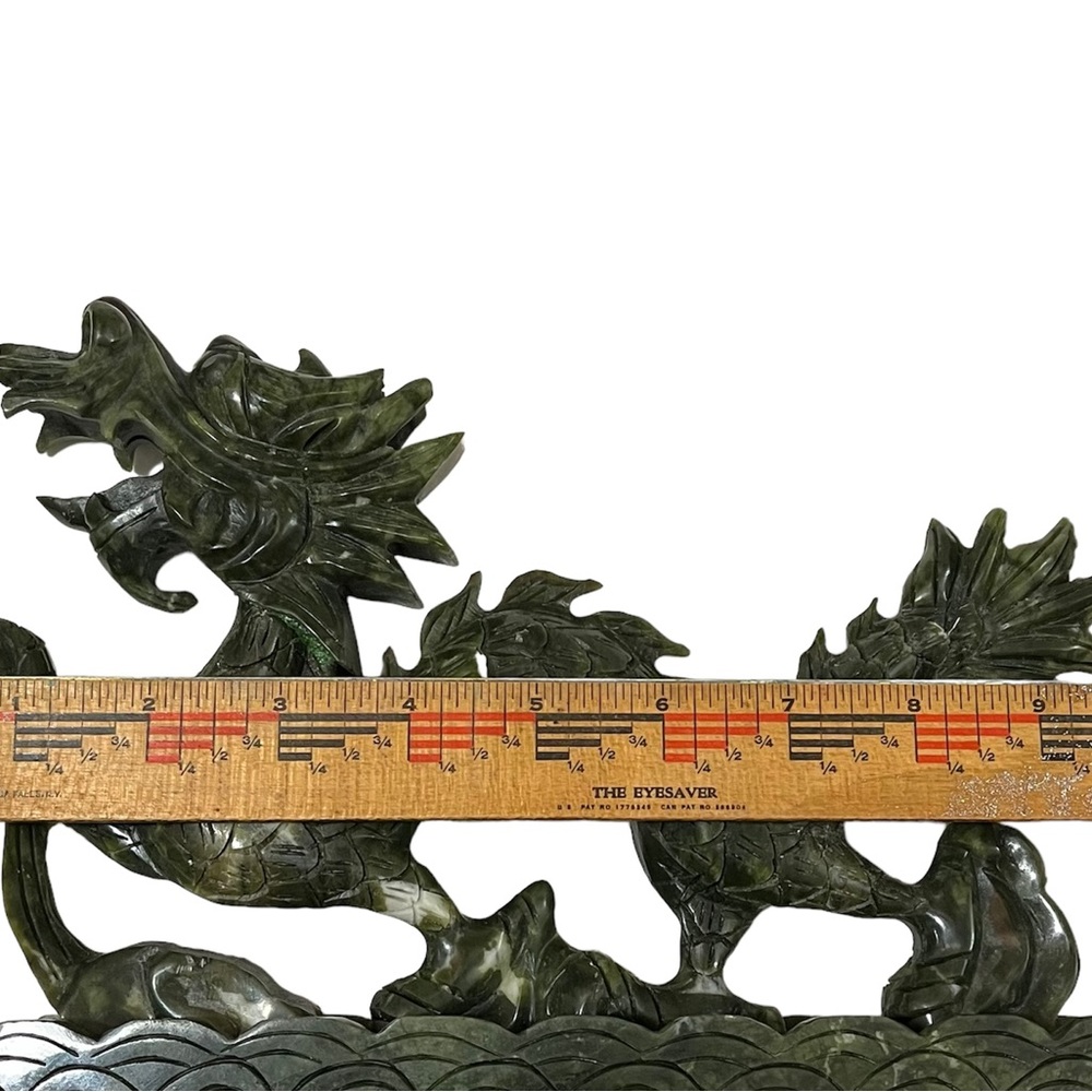 Carved Stone Fierce Dragon Statue Holding Orb Sphere Ball Green Maybe Old Jade - Picture 7 of 11